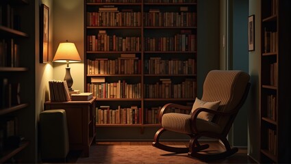 Cozy vintage study room with armchairs, lamp, bookshelves, and warm lighting. Invites relaxation and intellectual activity. Generative, AI,