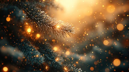 Christmas tree branch, soft bokeh lights, warm golden glow, festive atmosphere, close-up, shallow depth of field, evergreen needles, blurred background. Christmas tree with lights. High Quality Image