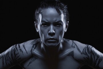 Fototapeta premium Unbreakable Determination: A woman's piercing gaze, framed by intricate body art, speaks volumes about resilience, strength, and an indomitable spirit.
