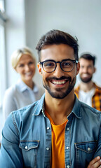 Obraz premium Close Up Portrait of Community Manager Face Using Digital Communication Tools Engaged Expression Modern Technology Ample Copy Space for Photo Stock Concept