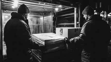 Two delivery workers load a large box into a van at night.
