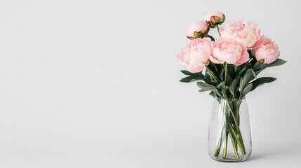 Obraz premium Clear vase with delicate blush peonies, minimal and soft, isolated on a light backdrop