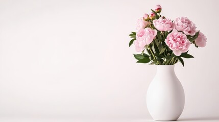 Fototapeta premium Elegant white vase with blush peonies, soft and delicate, isolated on a light backdrop