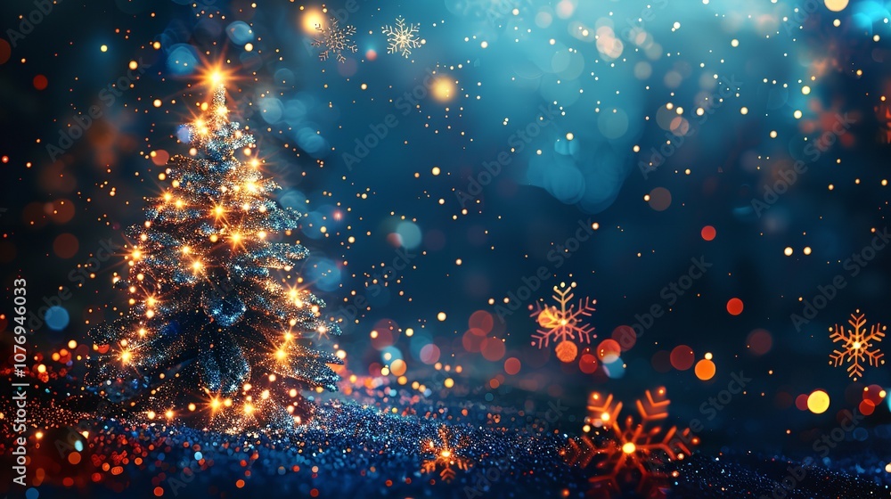 Poster an up-close view of a geometric christmas tree complete with snowflakes and sparkling lighting on a 