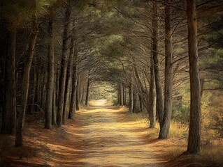 Obraz premium Pathway through pine forest park, inviting and serene for a stroll