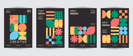 Abstract Paintings minimalistic backgrounds. Set of vector geometric illustrations. Memphis and Bauhaus style designs. Geometric shapes, backgrounds, trendy patterns. Perfect for painting, poster, bil
