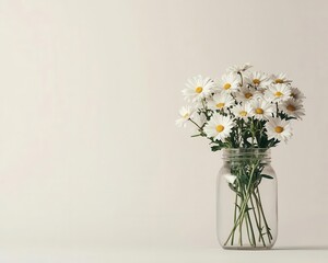 Clear vase with delicate white daisies, minimal and soft, isolated on a light background