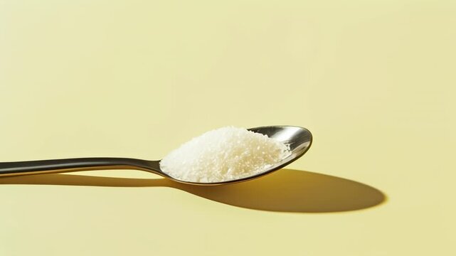 Metal teaspoon holding a pile of white sugar substitute crystals on a yellow background, casting a shadow under bright lighting, representing artificial sweeteners and dietary choices