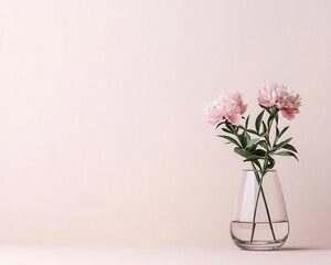 Fototapeta premium Soft blush peonies in a sleek glass vase, minimal design, isolated on a neutral backdrop