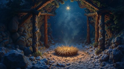 Rustic wooden nativity scene bathed in ethereal starlight and a humble nativity scene set in an atmospheric cave. a spiritual Christmas illustration