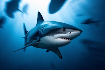 Naklejka premium Majestic Great White Shark Underwater: A powerful great white shark glides through the deep blue ocean, surrounded by a school of smaller fish.