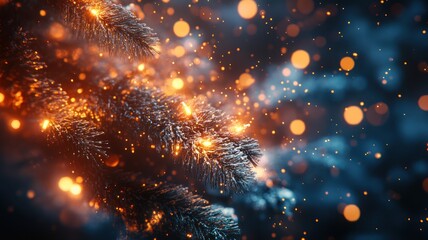 Fototapeta premium Christmas tree with lights. Christmas tree branch, soft bokeh lights, warm golden glow, festive atmosphere, close-up, shallow depth of field, evergreen needles, blurred background. High Quality Image