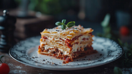 A mouthwatering photo of lasagna, with layers of pasta and meat sauce, cheese on top, and garnished elegantly placed in the center of an elegant plate. The background is softly blurred to highlight it