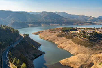View of the Iznajar reservoir or Embalse de Iznajar. C&oacute;rdoba province, Andalusia, Southern Spain. Dam, artificial lake. Store of fresh water.