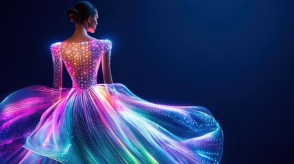 Fototapeta premium A woman in a rainbow-lit, glowing gown under dark lighting, emitting vibrant colors and a magical aura. Concept: futuristic fashion, elegance.
