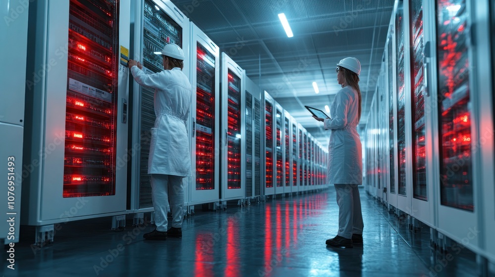 Poster two technicians working in a server room.