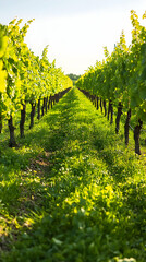 Fototapeta premium Rows of grapevines in a vineyard with lush green leaves and a grassy path.