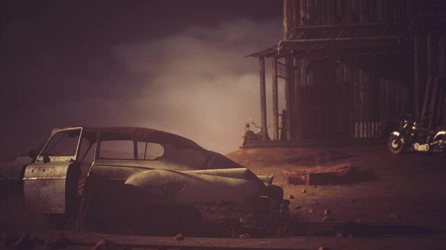 A rusted vintage car sits in front of an old barn, surrounded by an eerie fog. The atmosphere feels timeless, capturing a moment of stillness in a forgotten place.