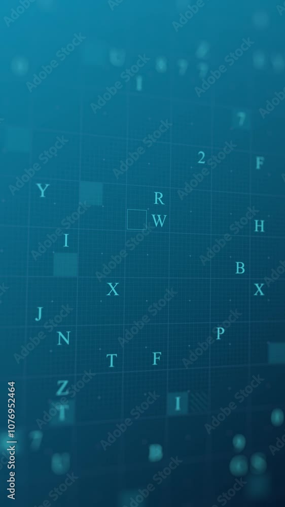 Poster blue glowing letters and numbers matrix abstract background, vertical composition. technology backgr