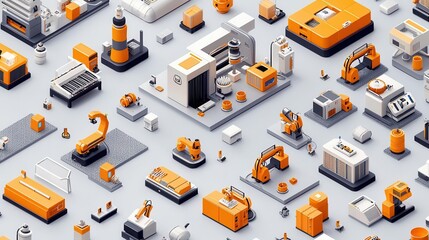 Obraz premium Isometric scene of a futuristic factory with 3D printing stations and robotic assembly lines
