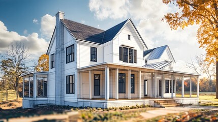 Detailed blueprint of a traditional farmhouse renovation, blending classic architectural elements with modern updates and sustainable features