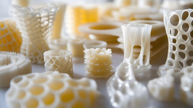 Detailed view of various 3D printed objects showcasing intricate designs and modern materials in soft yellow tones.