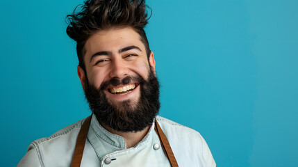 Fototapeta premium happy confident caucasian male cook with beard, housekeeper chef baker, isolated on studio background, concept for cooking and restaurants