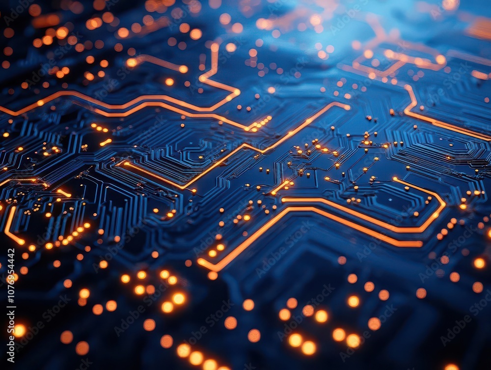 Poster close-up view of a complex circuit board, showcasing glowing connections and intricate pathways, ill