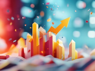 The 3d growth business graph on success financial represents profit and revenue growth, accompanied by a hovering arrow indicating positive market trends