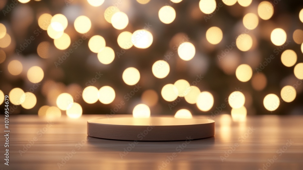 Poster the circular platform sits alone on a wooden surface, illuminated by warm, blurred lights in the bac