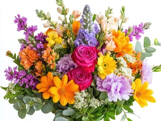 Obraz premium colorful bouquet of spring flowers artfully arranged against a crisp white background, celebrating nature's beauty and the vibrant palette of the season in a minimalist style