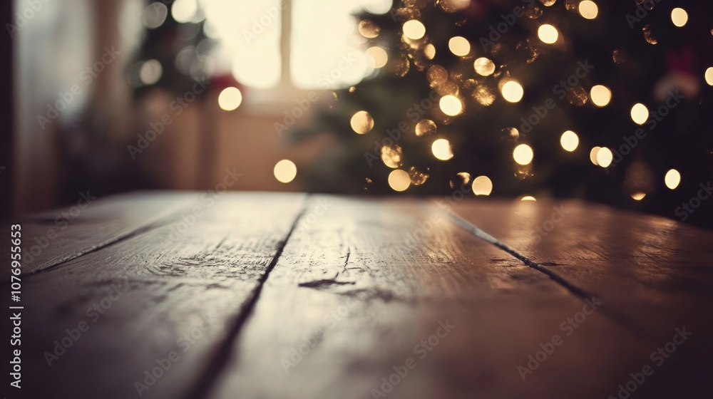 Poster A rustic wooden table is highlighted in the foreground, with a softly lit Christmas tree adorned with glowing lights in the background, creating a warm and inviting holiday atmosphere.