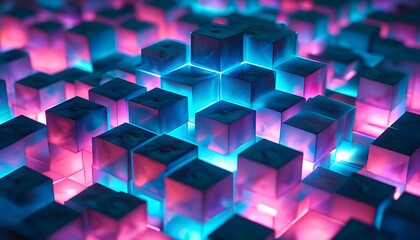 A dynamic holographic 3D grid of cubes and prisms, glowing in blue and purple hues, casting soft, ethereal light on each other.