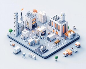 Obraz premium Isometric cutaway of a smart factory with multiple production stages managed by AI