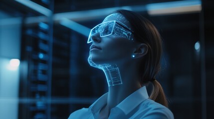 female professional with a chip implant, immersed in real-time data analysis with holographic displays in the modern corporate setting