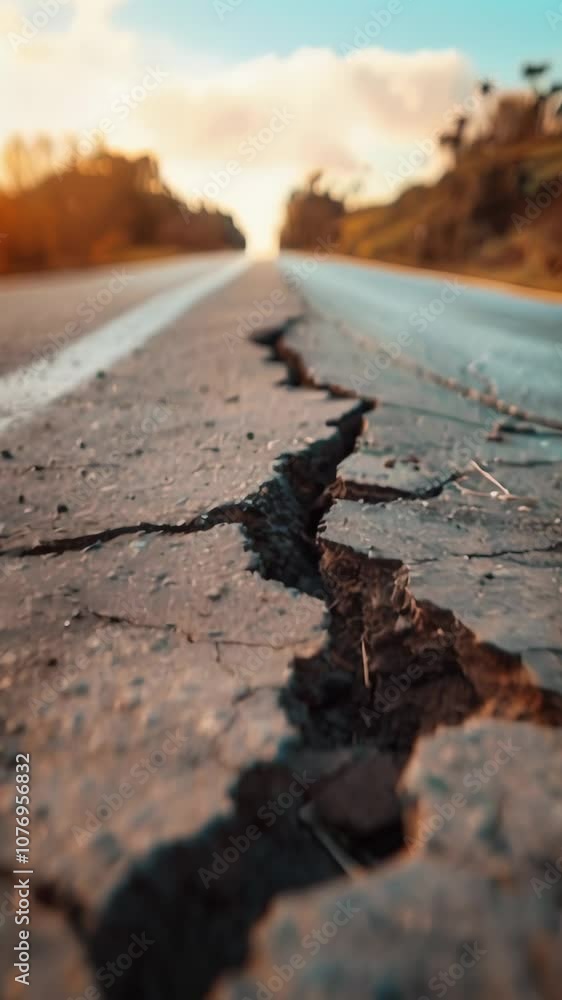 Poster deep cracks splitting the asphalt of a road after an earthquake, highlighting the devastating impact