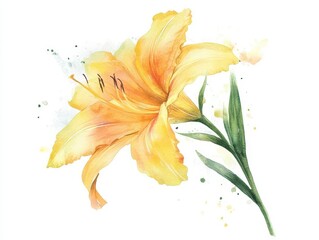 delicate daylily flower painted in watercolor, set against a clean white background, capturing its vibrant colors and soft, natural beauty, perfect for artistic projects