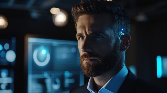 Professional with a chip implant, immersed in real-time data analysis with holographic displays in modern corporate setting