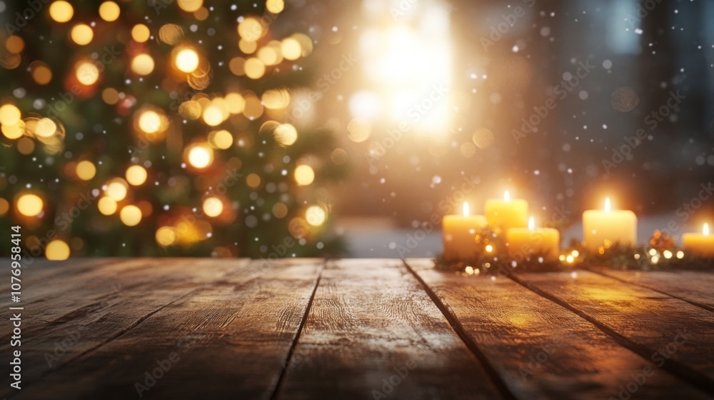 Aufkleber the warm glow of candles brightens a rustic wooden table, while softly falling snowflakes and a deco