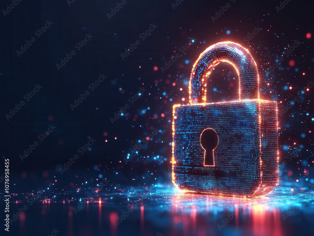 Poster digital padlock with a glowing blue background, binary code overlay, symbolizing cyber security and 