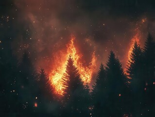 dramatic illustration of a forest fire at night, trees engulfed in flames, a stark depiction of environmental destruction and global warming, intense and haunting