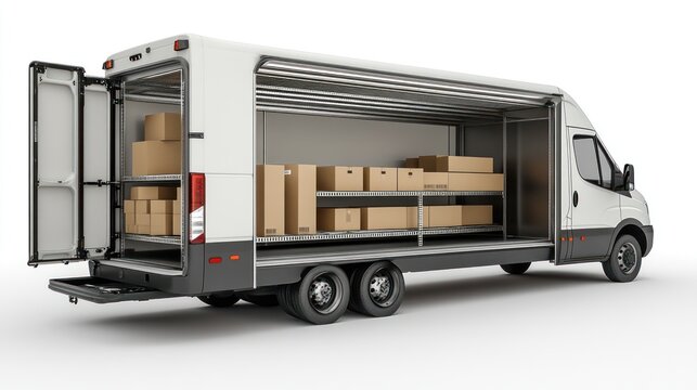 White delivery van with open back doors and shelves full of cardboard boxes.