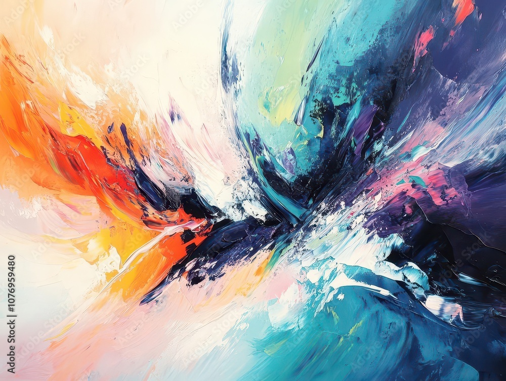 Poster dynamic abstract painting with vivid colors and textured brushstrokes, close-up showcasing modern an