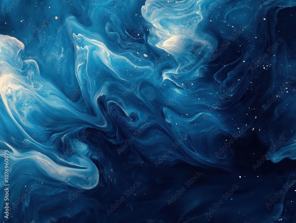 Poster dynamic swirling blue liquid ink with realistic textures, creating a mesmerizing abstract digital ar