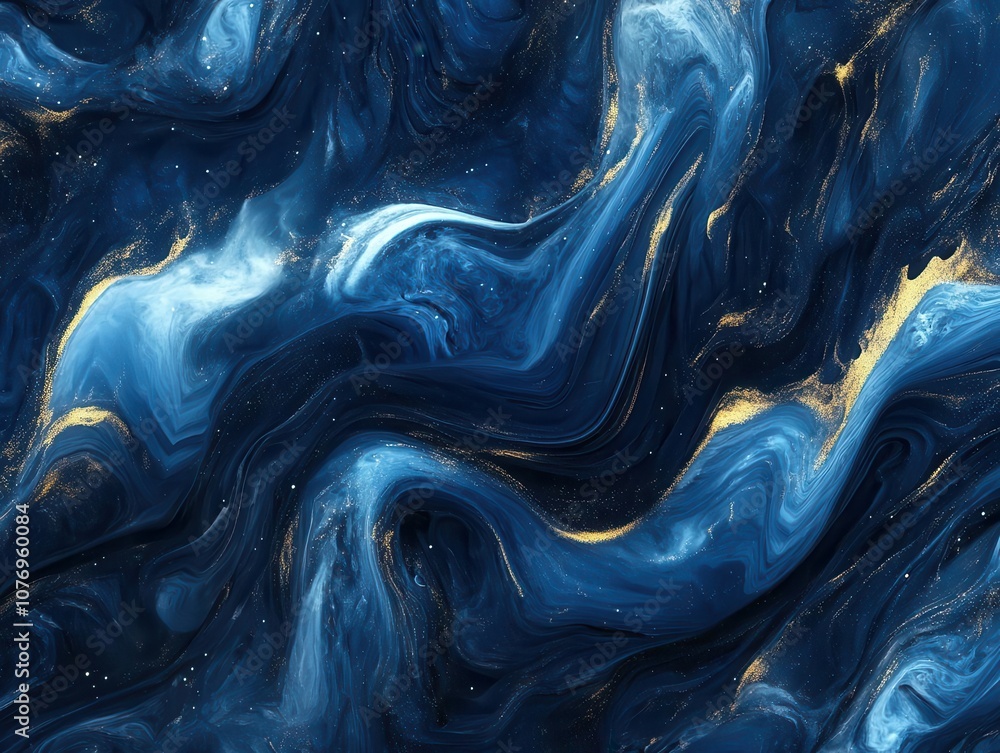 Poster dynamic swirling blue liquid ink with realistic textures, creating a mesmerizing abstract digital ar
