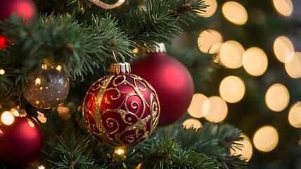 Fototapeta premium Close-up photograph of golden and red Christmas ornaments hanging from a beautifully decorated Christmas tree, with out-of-focus twinkling lights in the background. The rich colors of the ornaments co