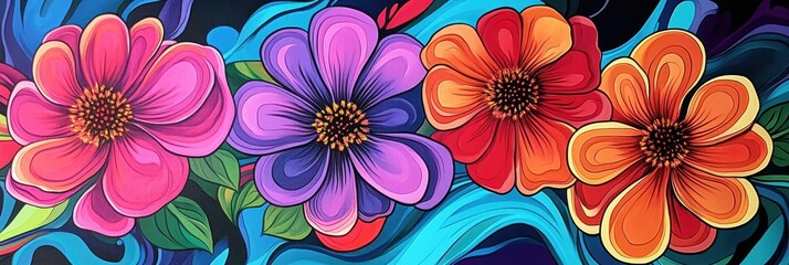 Fototapeta premium Abstract flowers blooming in bold neon colors against a surreal, swirling background with dreamy patterns