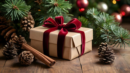 Beautifully wrapped Christmas gifts with rich velvet ribbons, tiny holly sprigs, and golden pinecones, placed in the lower left corner on a rustic wooden surface, with a clear space above
