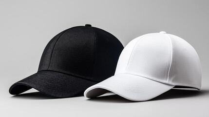 Fototapeta premium Close-up of two baseball caps, one black and one white, placed on a neutral background, highlighting their fabric texture and curved brims.