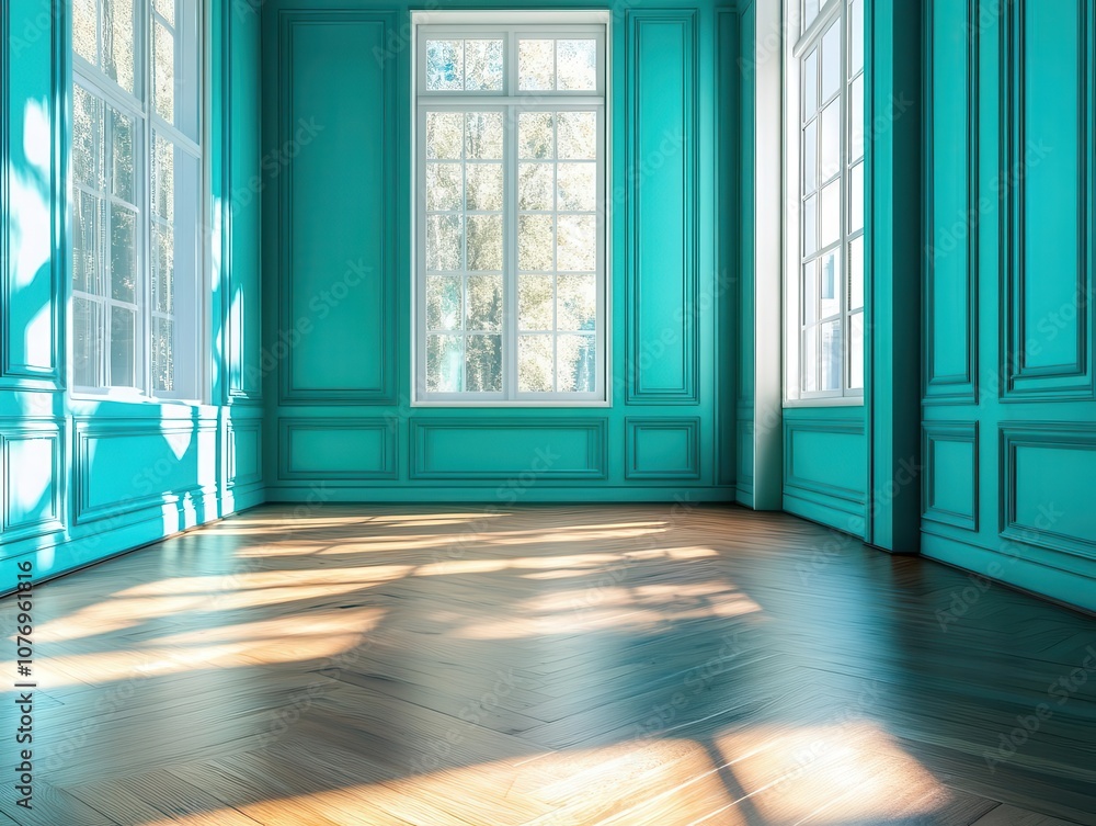 Poster empty room with turquoise walls and wooden floor, illuminated by sunlight filtering through the wind